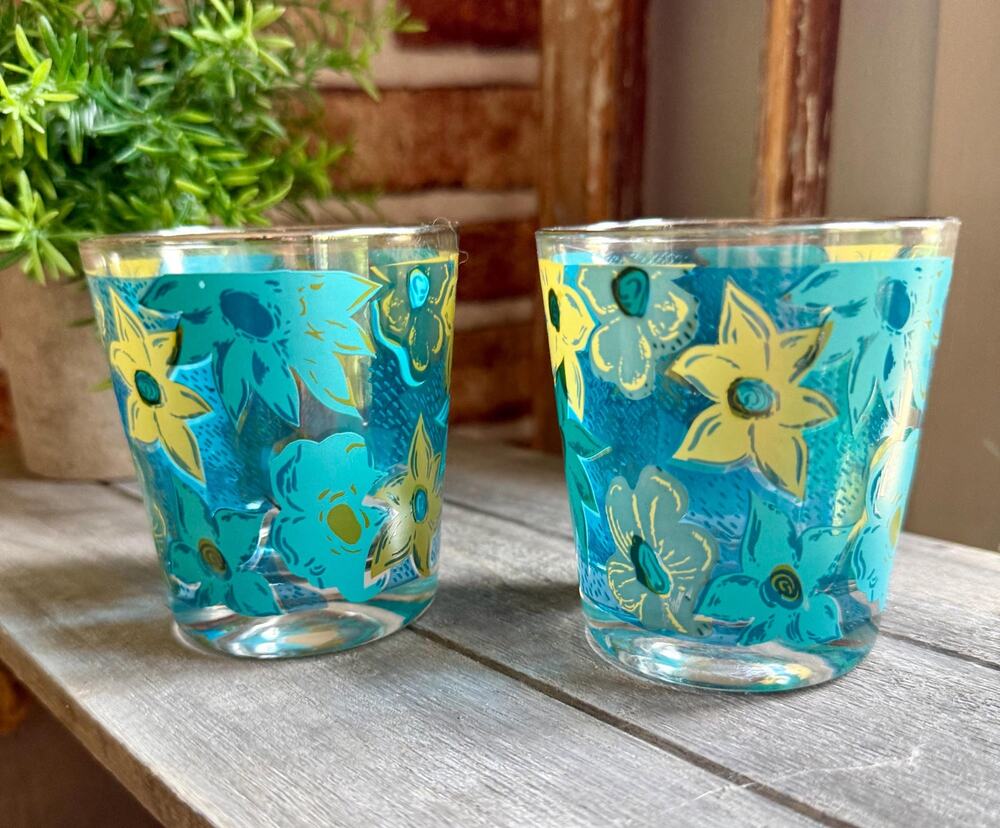 Vintage Federal Glass Swankware Turquoise Tumblers | 1960s Mod Avocado Floral
